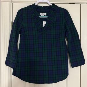 Vineyard Vines size 4, navy/green plaid 3/4” blouse w/ruffle neckline, new w/tag